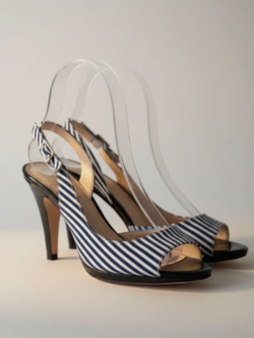 Kate Spade Designer Slingback Heels 6.5B Black White Pinstripe Classic Chic EUC